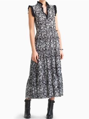 See By Chloe Black and White Floral Midi Dress with Ruffle Trim.Size M